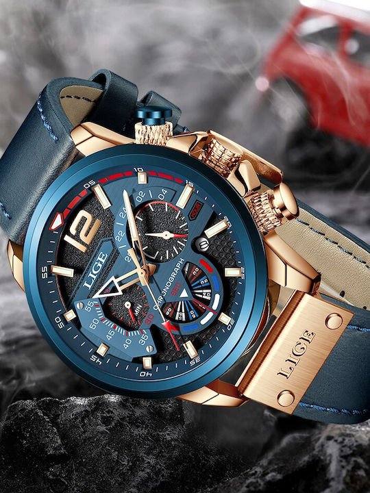 Lige Herrenuhr Chronograph Batterie mit Blau Lederarmband
