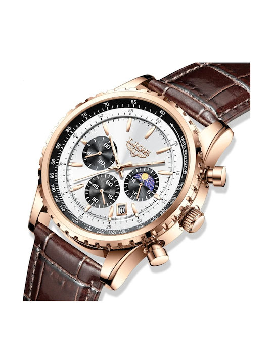Lige Ceas Bărbați 46mm Cronograf Baterie Cu Curea Din Piele Maro