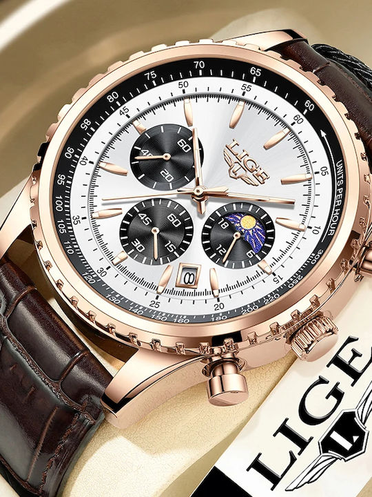 Lige Ceas Bărbați 46mm Cronograf Baterie Cu Curea Din Piele Maro