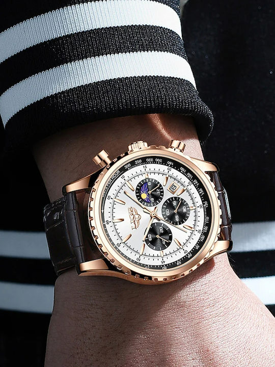 Lige Ceas Bărbați 46mm Cronograf Baterie Cu Curea Din Piele Maro