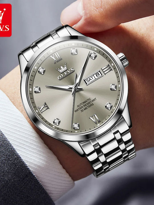 Olevs Men's Watch 42mm Automatic with Silver Metal Bracelet