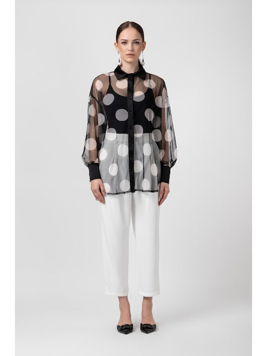 Women's Satin Polka Dot Long Sleeve Shirt Black