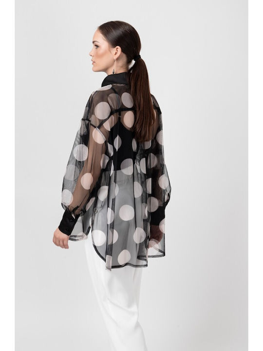 Women's Satin Polka Dot Long Sleeve Shirt Black