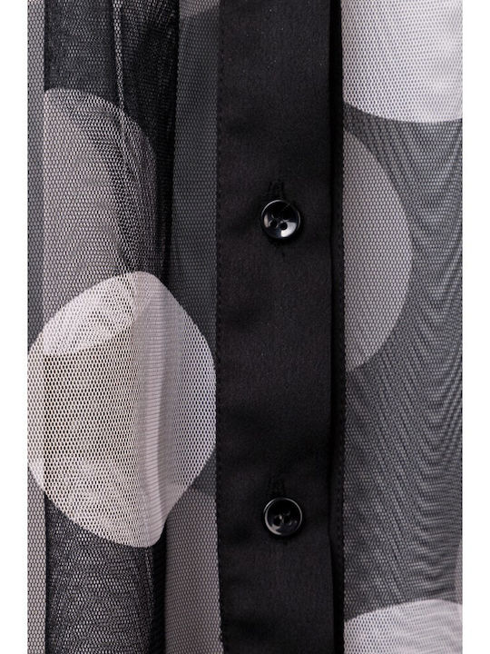 Women's Satin Polka Dot Long Sleeve Shirt Black