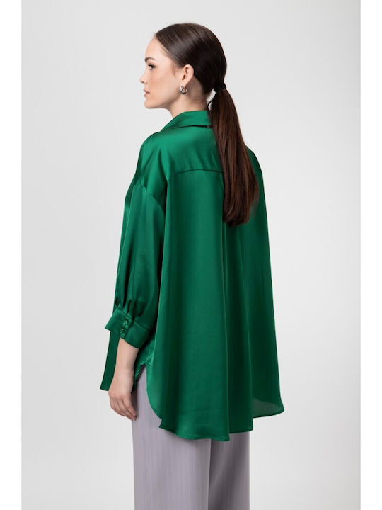 Μακρυμάνικο Γυναικείο Σατέν Πουκάμισο Black, Green Μονόχρωμο