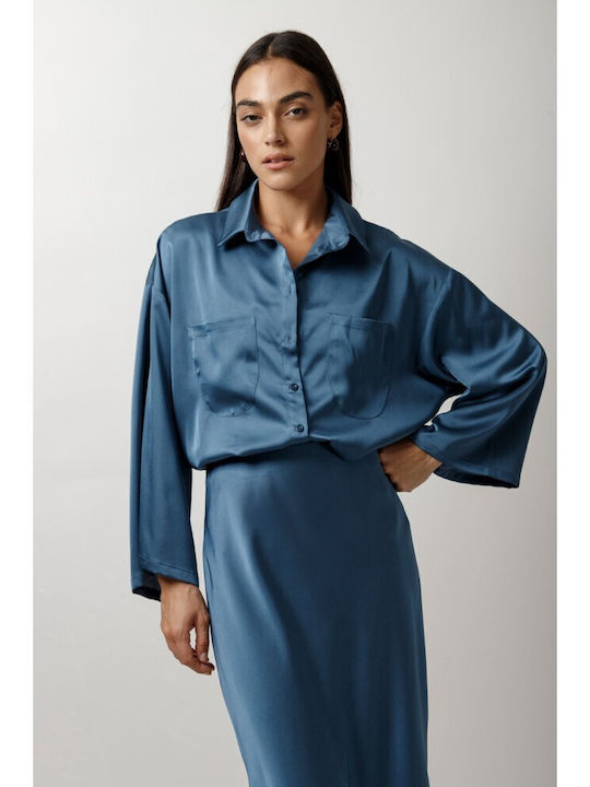 Satin Midi Skirt Indigo