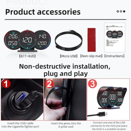 Pyramid Дигитален брояч Скоростомер, Head Up Display и OBD2 за автомобил за монтаж върху Информационно табло