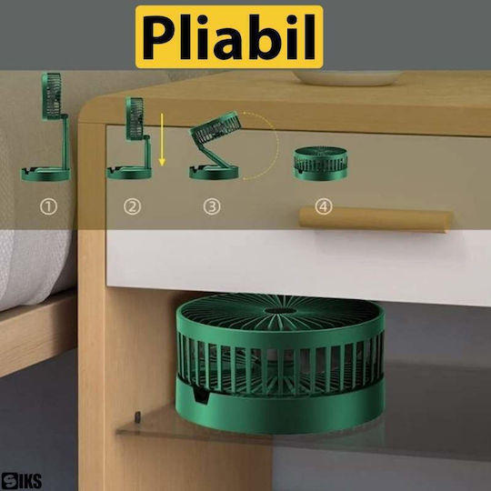 Siks Ventilator De Birou Portabil 3 Viteze Reglabil Pliabil Reglabil Pe Înălțime Suport Telefon Reglabil 180 Grade Încărcare USB Motor Fără Perii Silențios Pentru Acasă Camping Baterie 4500 Mah Verde