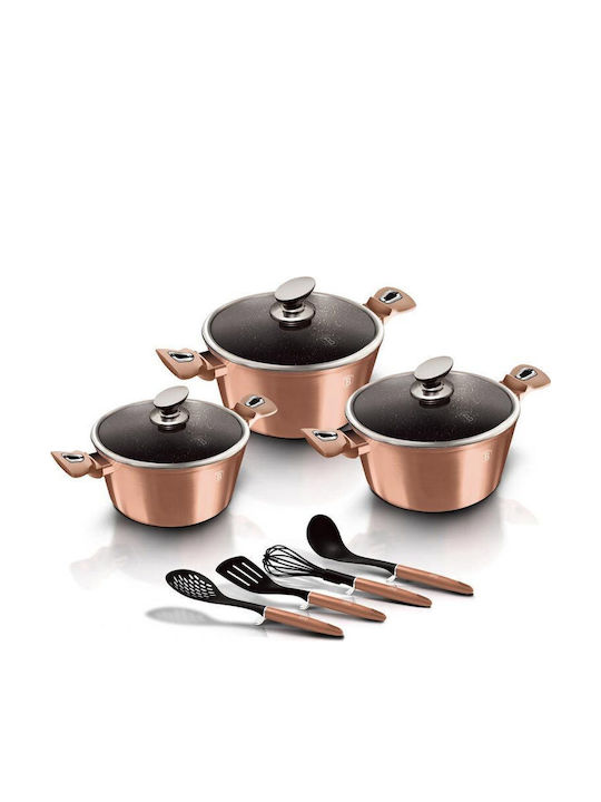 Berlinger Haus Metallic Line Pots Set Made of Aluminum Rose Gold Collection with Stone Coating 3 Pieces