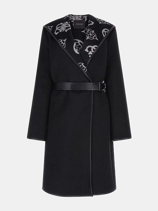 Wolle Damen Schwarz Mantel Oversized mit Gürtel