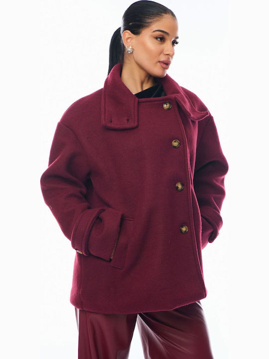 Women's Bordeaux Peacoat with Buttons
