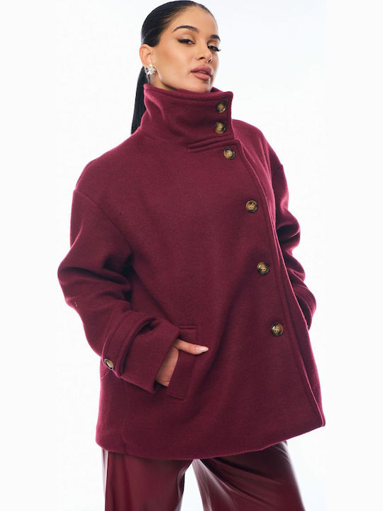 Women's Bordeaux Peacoat with Buttons