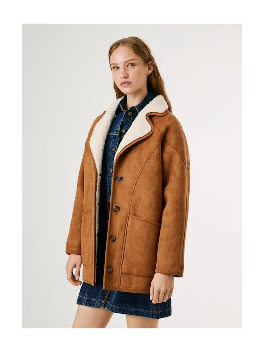 Sherpa Γυναικείο Caramel Beige Ημίπαλτο με Κουμπιά