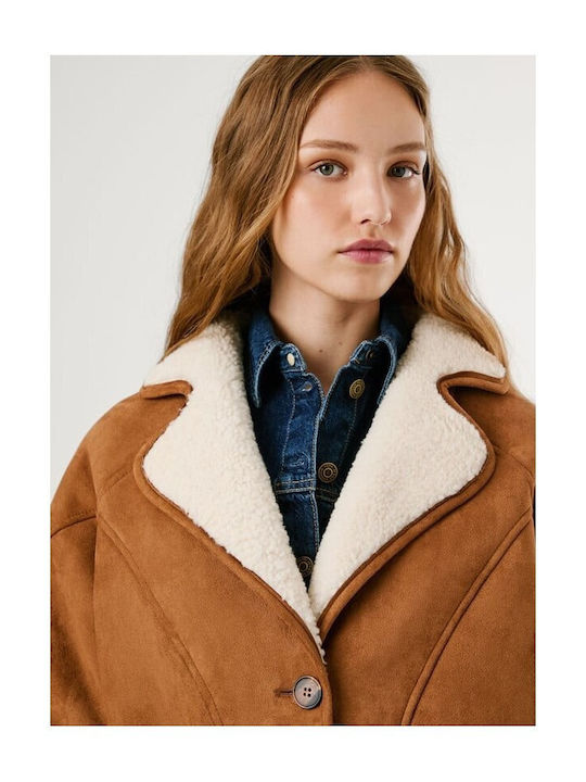 Sherpa Γυναικείο Caramel Beige Ημίπαλτο με Κουμπιά