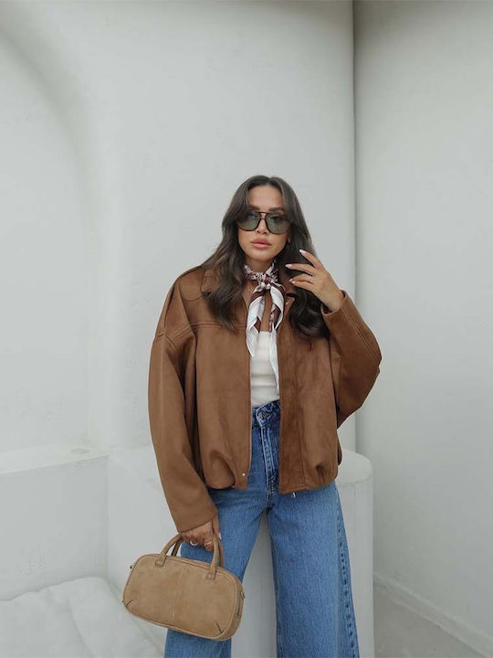 Γυναικείο Suede Bomber Jacket Ταμπα-καφε