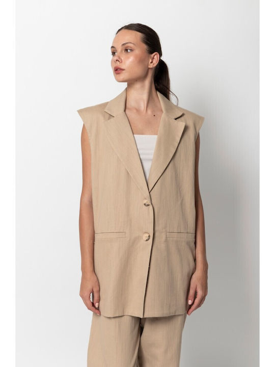 Long Women's Vest with Buttons Beige