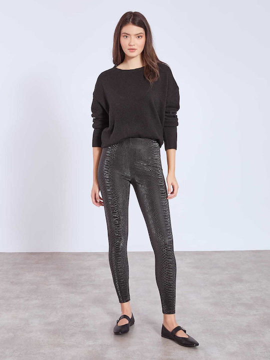 Celestino Γυναικείο Κολάν Τύπωμα Φίδι Γυαλιστερό Slim Fit Μαύρο