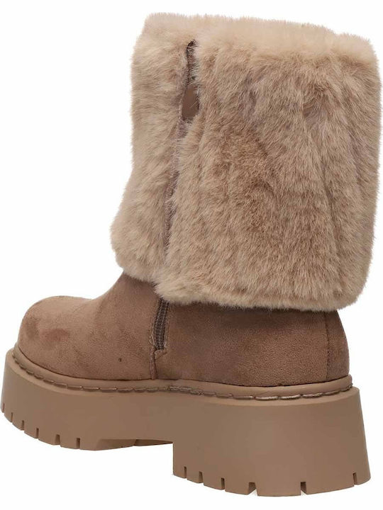Suede Women's Ankle Boots with Fur Beige