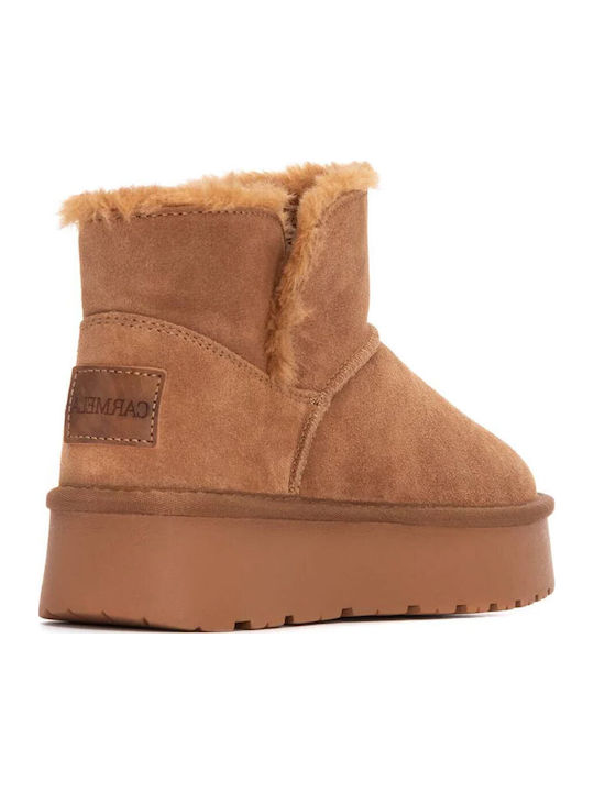 Leather Women's Ankle Boots with Fur Brown