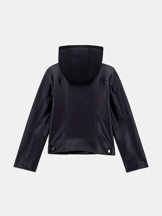 Kinder Lederjacke mit Kapuze Schwarz
