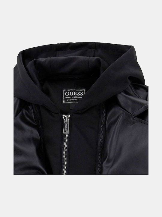 Kinder Lederjacke mit Kapuze Schwarz