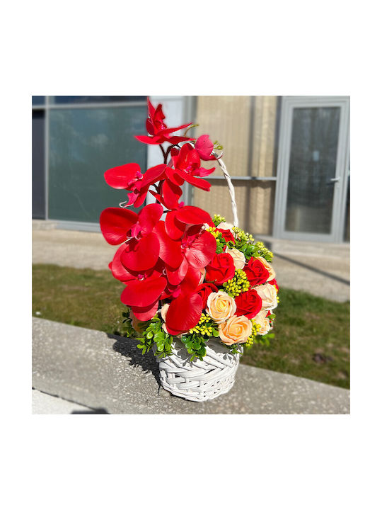 Coș Royal Orchid Trandafiri Săpun Accesorizate Flori și Plante Artificiale Roșii Crem Verzi