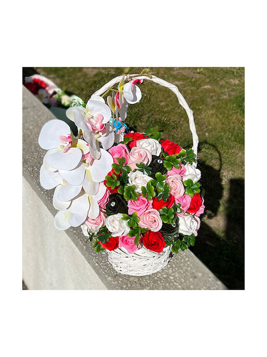 Royal Orchid Кошница Сапунени Рози Аксесоарирани Изкуствени Цветя Растения Червени Розови Зелени