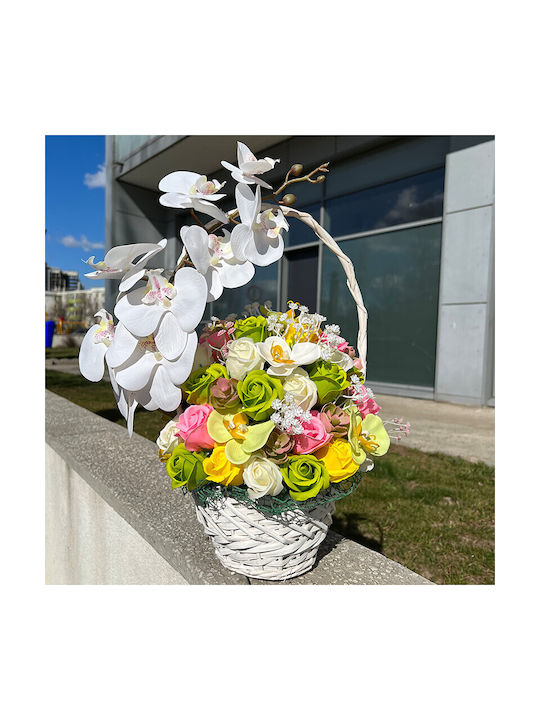 Coș Royal Orchid Trandafiri Săpun Orhidee Decorate Flori și Plante Artificiale Galbene Verzi Albe