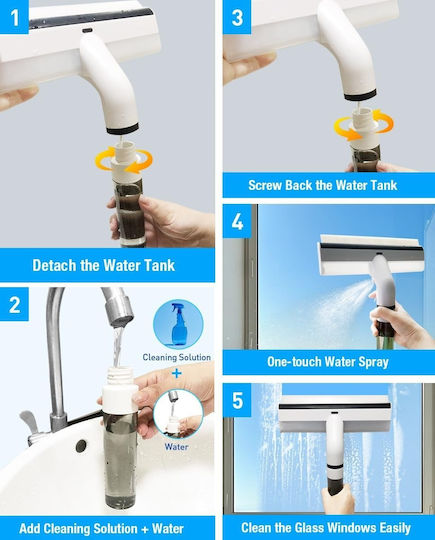 Window Cleaner Spray Function Telescopic Handle 45° Rotating Arm Silicone Window Squeegee Grey
