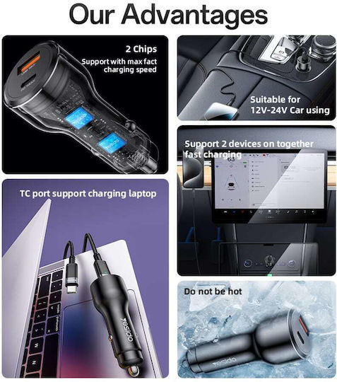 Yesido Car Charger 100W Fast Charging With Ports 1xUSB-A 1xType-C Black Colour