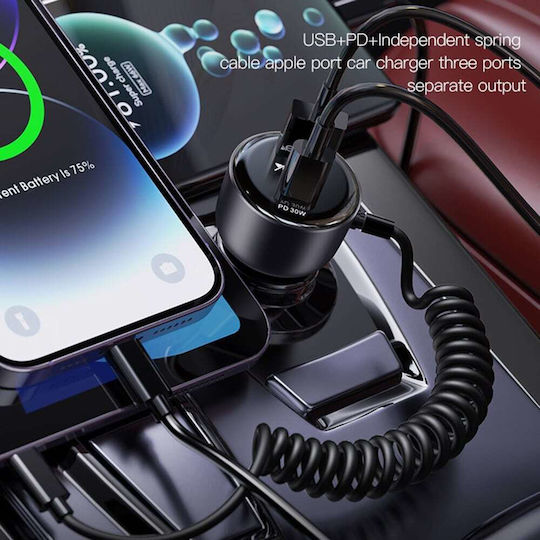 Yesido Автомобилен Зарядно Устройство 50W Бързо Зареждане с Портове 1xUSB-A 1xType-C с Кабел Lightning Черен Цвят