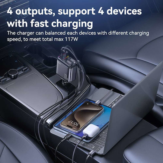 Yesido Auto-Ladegerät 117W Schnellladung mit Anschlüssen: 1xUSB 1xType-C mit Kabel Typ-C,TC-TC Gray Farbe