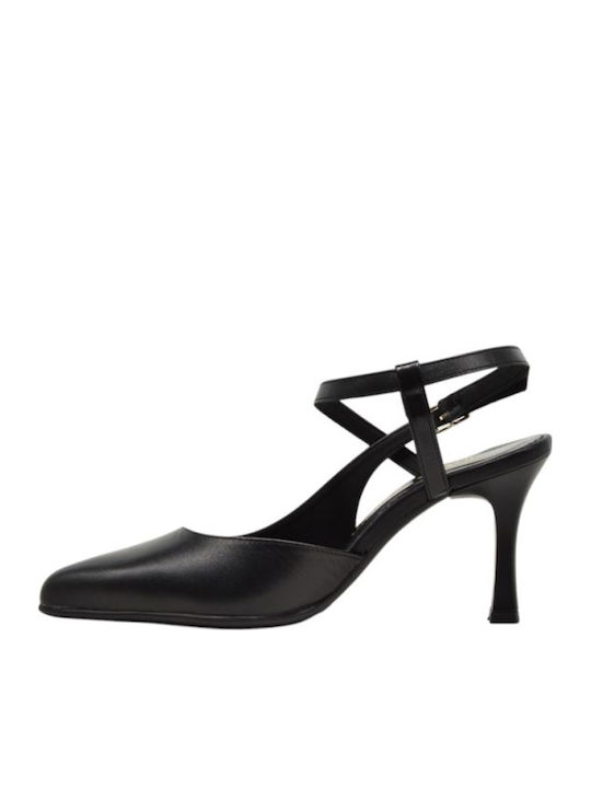 Leather Pointed Toe Black Heels with Strap
