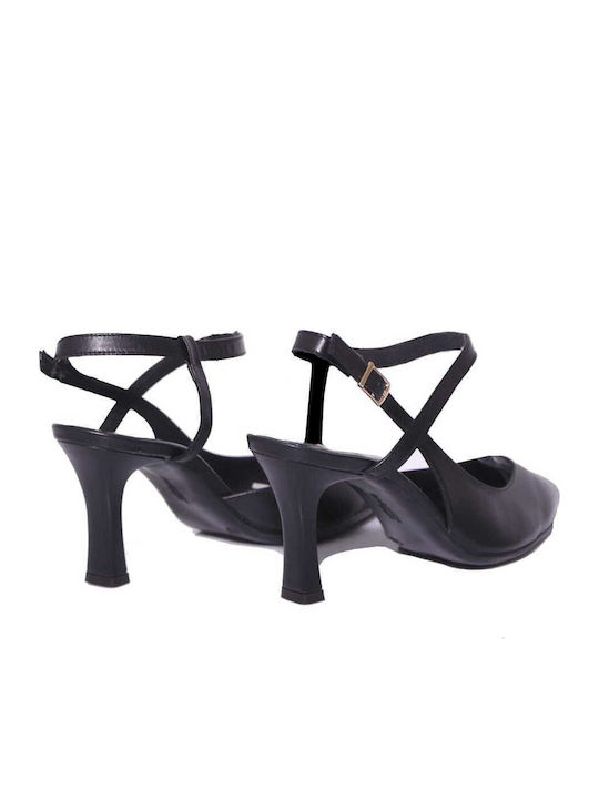 Leather Pointed Toe Black Heels with Strap