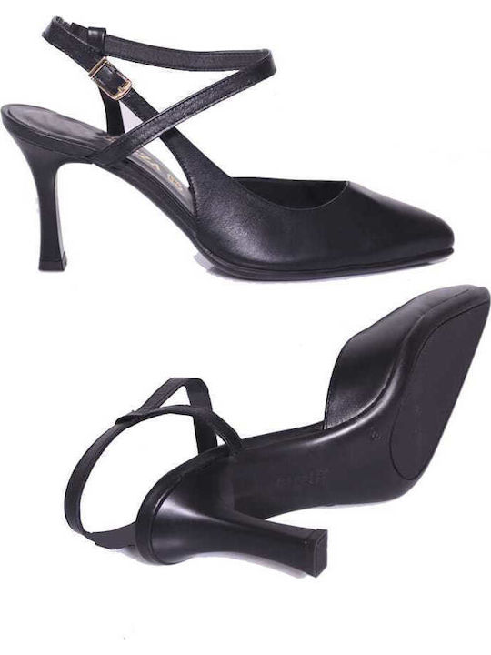 Leather Pointed Toe Black Heels with Strap