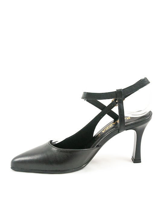Leather Pointed Toe Black Heels with Strap
