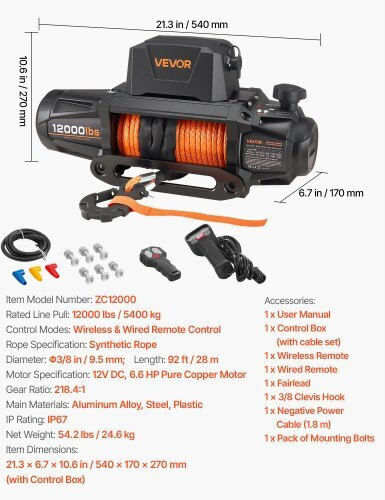 Vevor Electric 4x4 Car Winch 12V with Towing Capacity 5400kg
