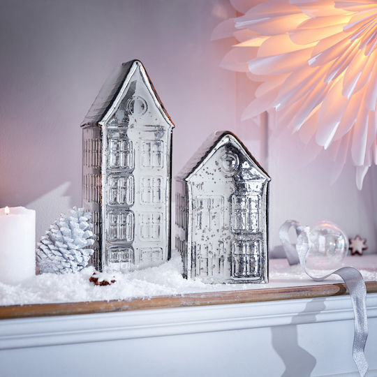 Jolly & Bright Стъклено Къщичка 30см Сребристо Сребро Дълбочина 11см X Ширина 11см X Височина 30см