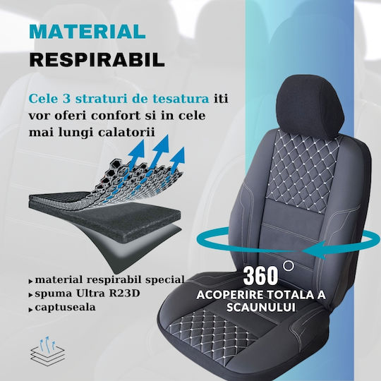 Smartic Huse Scaune Auto Queen Piele Sintetica Eco Piese Din Piele Naturala 11 Bucati Compatibile Cu Airbag Pliabile Material 3 Straturi Negru Gri