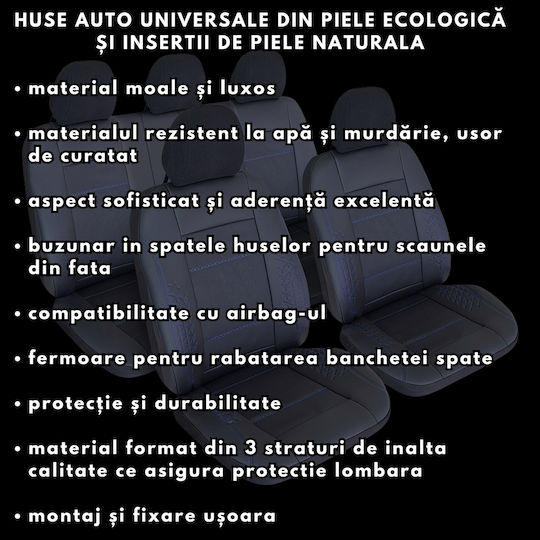 Smartic Huse Scaune Auto Atlas Piele Ecologică Inserții Din Piele Naturală 11 Piese Compatibile Cu Airbag Rabatabile Material În 3 Straturi Negru Albastru