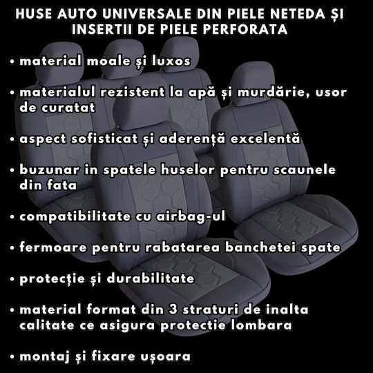 Smartic Huse Scaune Auto Piele Eco Piele Perforată Inserții S08 11 Piese Compatibile Airbag Pliabile Material 3 Straturi Gri