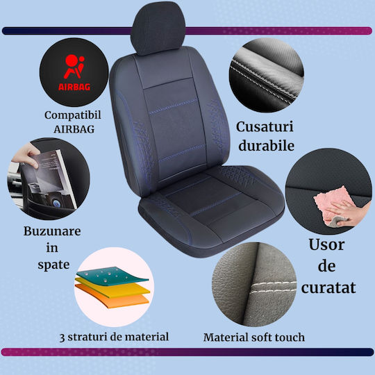 Smartic Huse Scaune Auto Atlas Piele Ecologică Inserții Din Piele Naturală 11 Piese Compatibile Cu Airbag Rabatabile Material În 3 Straturi Negru Albastru