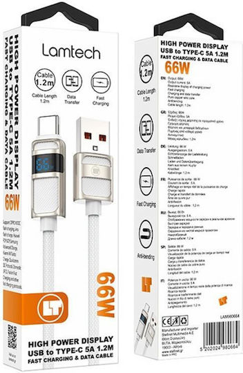 Lamtech Braided USB 2.0 Cable USB-C male - USB-A 66W Λευκό 1.2m LAM980671