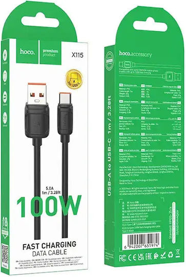 Hoco X115 USB 2.0 Cable USB-C Male - USB-A 100W PD Black 1m