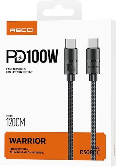 Recci Braided USB 2.0 Cable USB-C male - USB-A 100W PD Μαύρο 1.2m RS08C