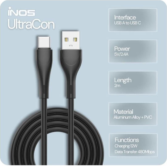 iNOS Regular USB 2.0 Cablu USB-C bărbătesc - USB-A 12W Negru 2m