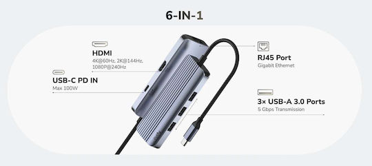 Cudy Hub 6 Porturi USB 3.2 cu Conectare USB-A Ethernet Gri