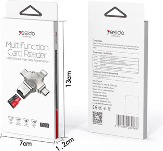 Yesido Gs13 Cititor de Carduri Lightning micro USB Tip-C pentru / /m/i/c/r/o/S/D/ / / / / Gri