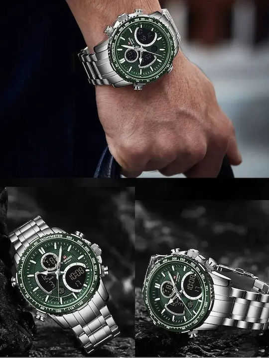 Naviforce Дигитален Мъжки Часовник 46mm Хронограф На Батерия със Сребриста Метална Гривна