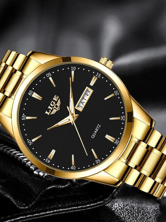 Lige Ceas Bărbați 39mm Baterie Cu Brățară Din Metal Aurie
